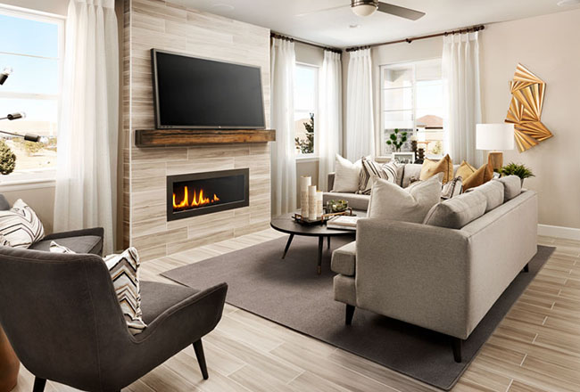 Neutral great room with fireplace