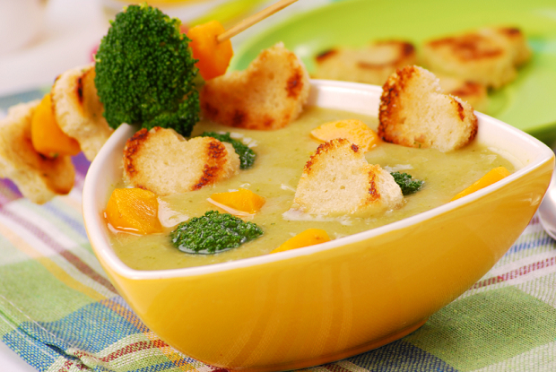 broccoli cheese soup with heart-shaped croutons