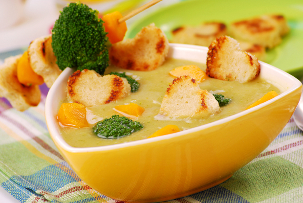 Broccoli cheese soup with heart-shaped croutons