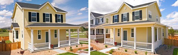 Side-by-side views of two-story home with wraparound porch on corner homesite