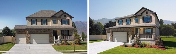 Side-by-side of front and angled views of two-story home