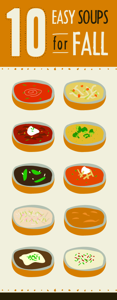 Illustration of 10 bowls of soup for fall