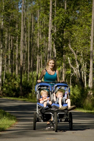 Mom and twins in stroller on Greenway Trails, Ponte Vedra