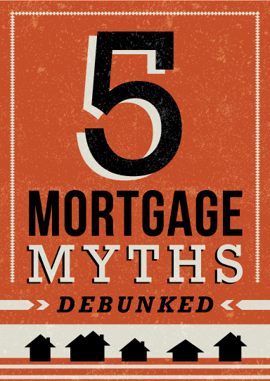 The words "5 Mortgage Myths Debunked" above five small silhouettes of houses