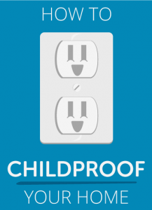 Drawing of a wall outlet with words "How to childproof your home"