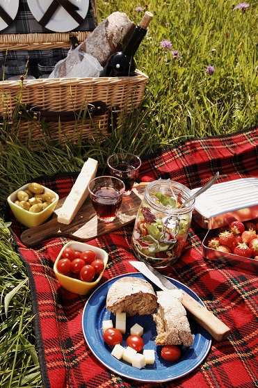 Picnic basket sitting in grass next to blanket with food and beverages