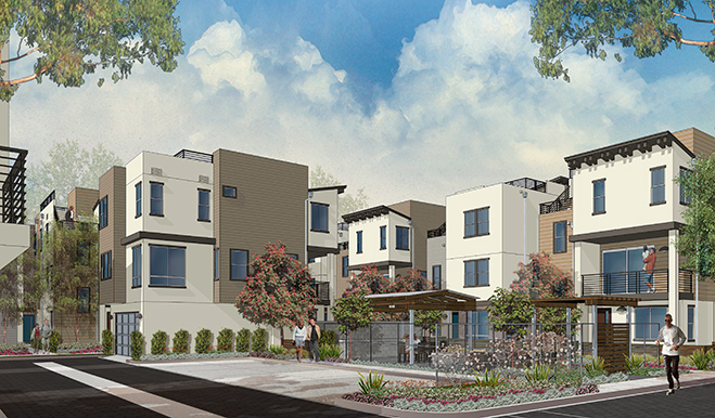 Rendering of modern three-story homes at a new community