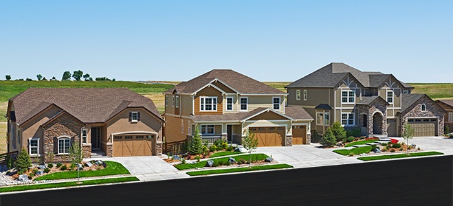 Streetscape of ranch and two-story homes