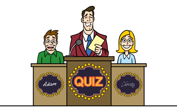Illustration of three quiz contestants standing behind podiums