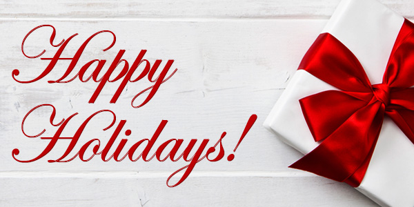 White gift box with red bow next to the words Happy Holidays!
