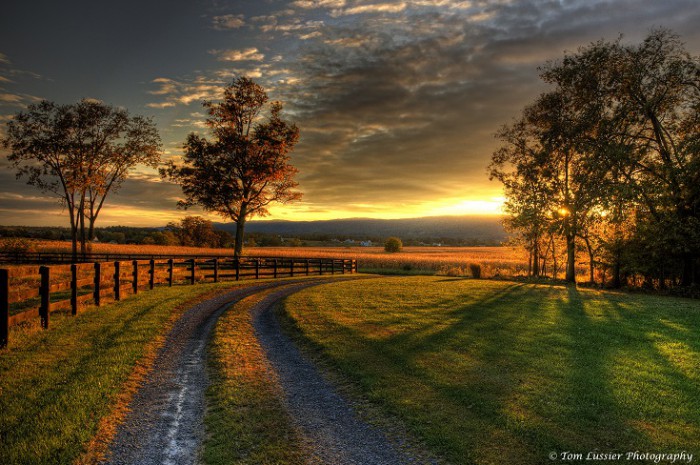 Community street at sunrise