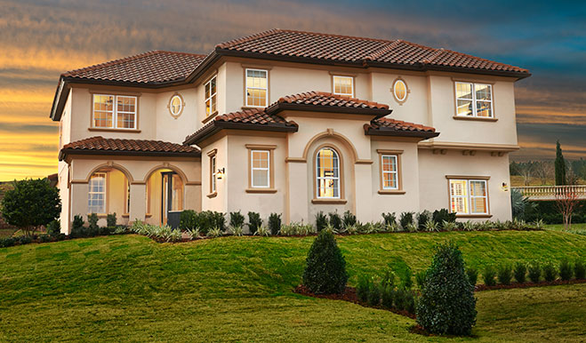 Exterior of two-story home with tile roof