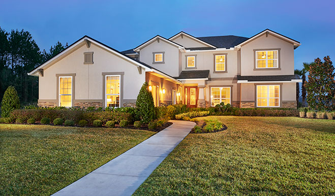 Exterior of two-story home with walkway