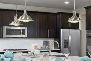 kitchen with dark cabinets and stainless-steel pendant lights