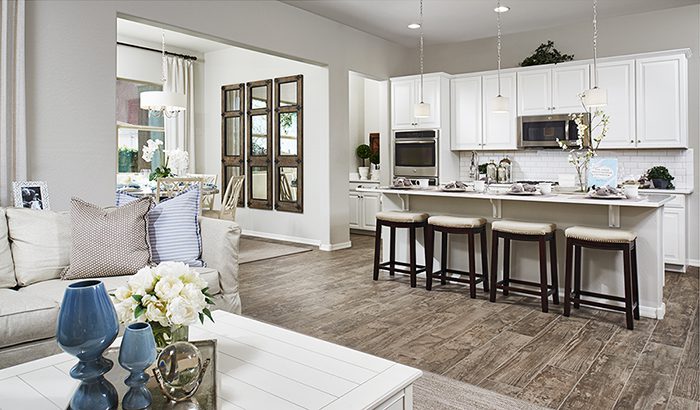 Great room and kitchen with white cabinets