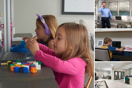 Collage of ways to use a bonus room, including two children at a workstation