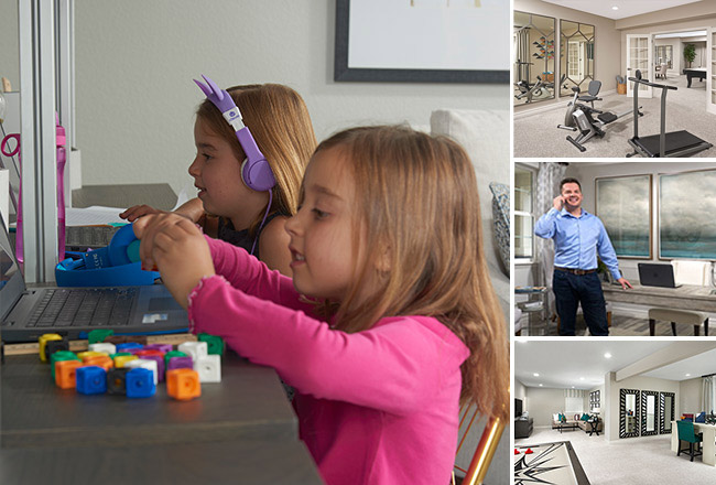 collage of home images including two girls at a desk, study, fitness room, and basement
