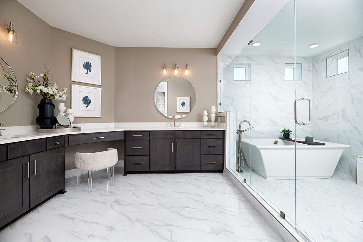 A freestanding tub within the walk-in shower