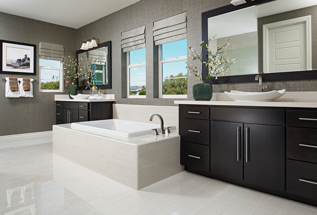 Primary bath with soaking tub and dark cabinets in Clarissa home