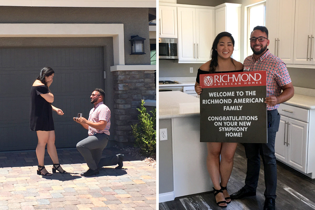 Side-by-side pics of man proposing to woman in driveway and couple standing in kitchen holding congratulations on your new home sign