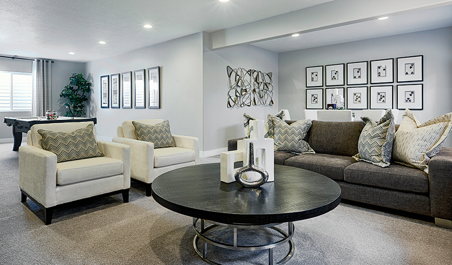 Finished Yorktown home basement with seating area  