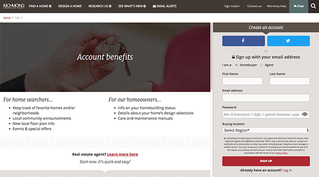 Account benefits screenshot for home searchers and homeowners, and create an account form