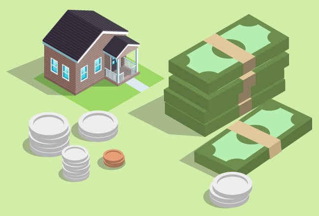 Illustration of house with coins and stacks of dollar billss