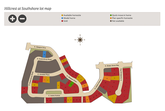 Lot map for Hillcrest at Southshore in Aurora, CO