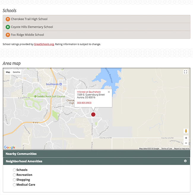 Schools and amenities map near Hillcrest at Southshore in Aurora, CO