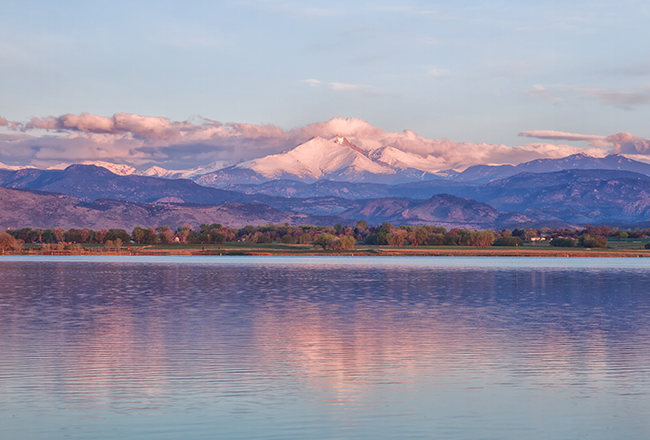 View of Longs Peak from McIntosh Lake in Longmont, CO