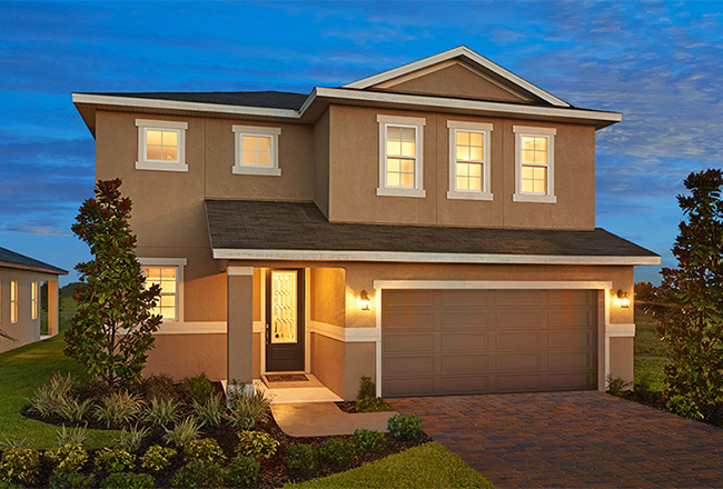 Exterior of two-story Coral home with covered entry