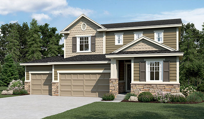 Exterior of two-story home with covered porch and 3-car garage