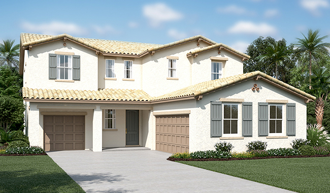 Exterior of two-story home with front- and side-entry garages