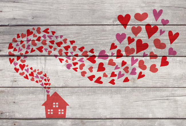 Illustration of house with hearts streaming out of chimney