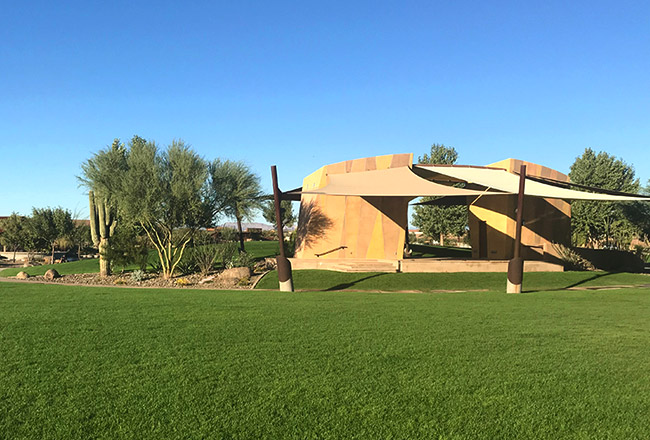 Park structure surrounded by greenery