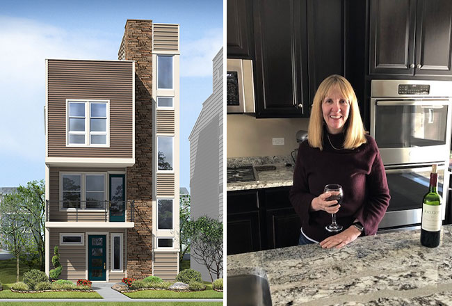 Collage of three-story home exterior and woman standing in her kitchen