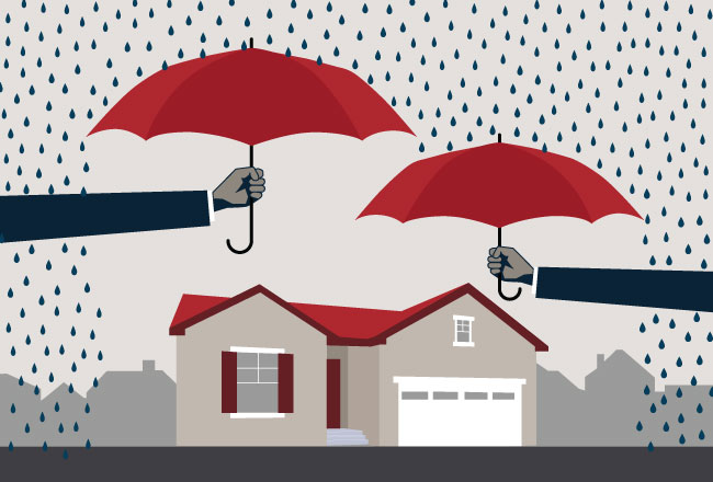 Illustration of two hands holding umbrellas to shield a house from rain