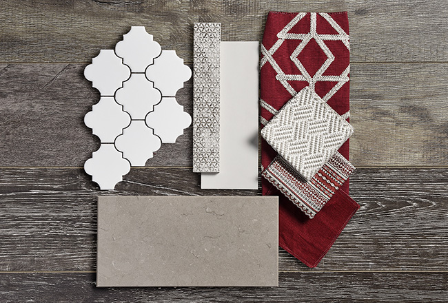 Tile and fabric samples of wooden table