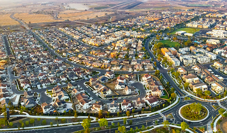 Aerial view of community of new homes