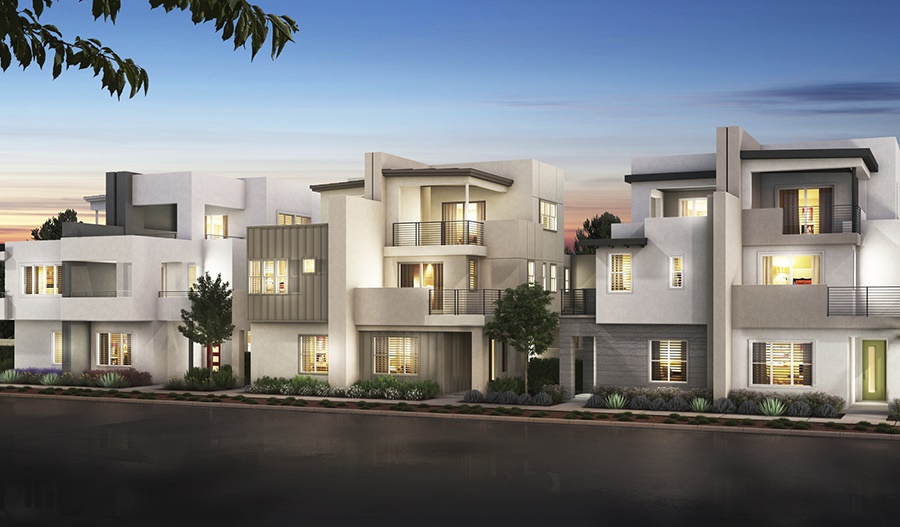 Exterior rendering of three-story paired homes at dusk