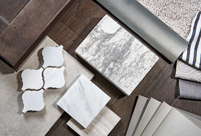 Coastal Gray tile, cabinet, flooring and fabric samples