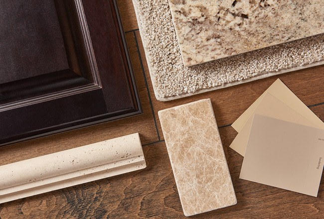 Bermuda Linen cabinet, countertop, carpet and paint color samples