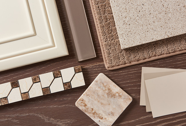 Nantucket Taupe cabinet, backsplash, countertop, carpet and paint color samples