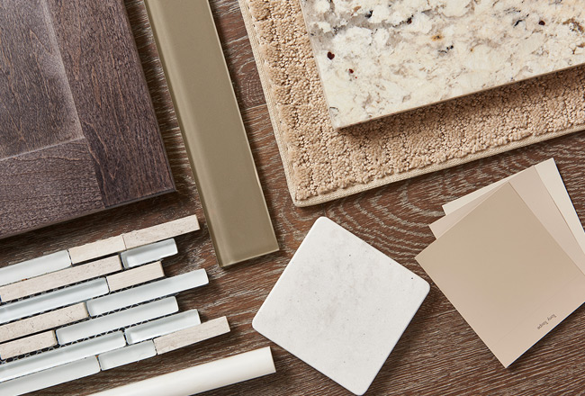 Pebble Beach cabinet, backsplash, countertop, carpet and paint color samples