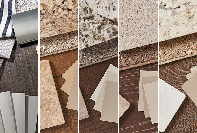 Collage of various countertop, carpet and paint samples