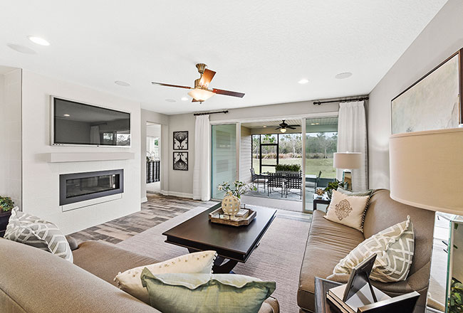 Great room with fireplace and sliding glass doors