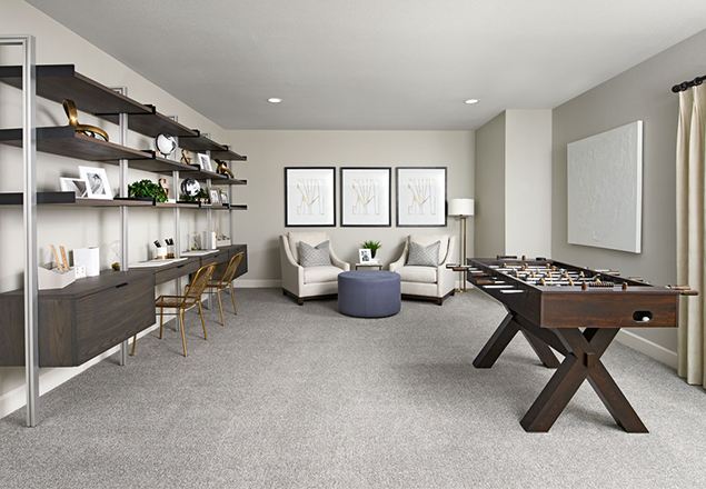 Basement with side-by-side desks, sitting area, and foosball table