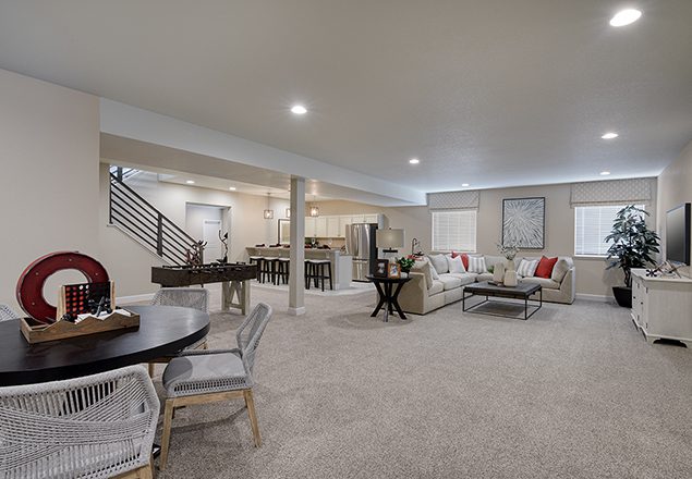 Basement with large kitchen, sitting area, and dining area