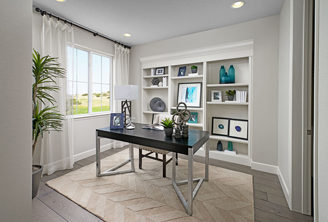 Office with built-in shelves, windows, and desk on rug in the middle of the room.