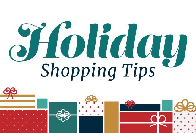Holiday shopping tips graphic wiht drawings of presents below
